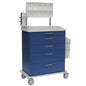A blue Novocal anesthesia cart with five drawers, a white tabletop, and wheels. Contains a transparent organizer with compartments and a side-mounted waste bin - perfect as an anesthesia unit in clinical settings.