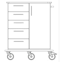Line drawing of a Novocal care and work trolley: full plastic chassis with four left drawers, a right tall cabinet with a vertical handle, all on four swivel casters. Brand: Novocal. Package (1 piece).