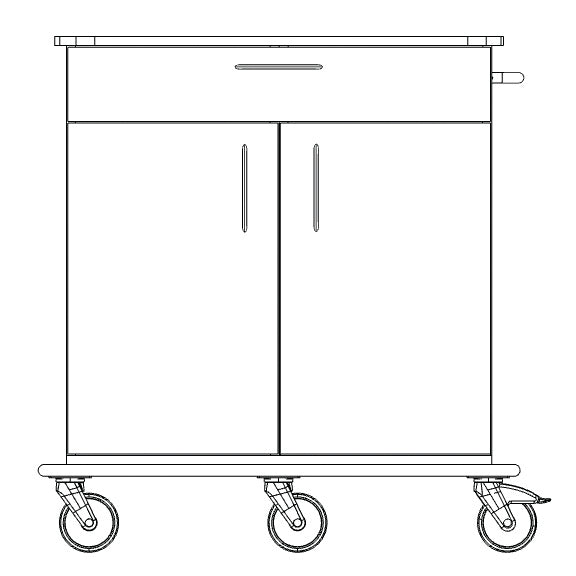 Black and white line drawing of the Novocal care and work cart with a full plastic base, top drawer, two lower doors, handle on the right side, and four swivel casters (one of which is braked). Brand: Novocal. 1 piece per package.