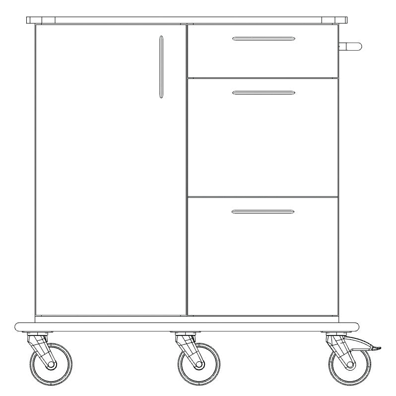 A line drawing of the Novocal care and utility cart shows three drawers and a cabinet door on the left side. Four large swivel casters are mounted on the sturdy, all-plastic base.