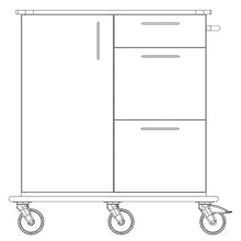 A line drawing of the Novocal care and work cart shows three drawers and a cabinet door on the left side. Four large swivel casters are attached to the robust full plastic plate base.