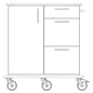 A line drawing of the Novocal care and utility cart shows three drawers and a cabinet door on the left side. Four large swivel casters are mounted on the sturdy, all-plastic base.