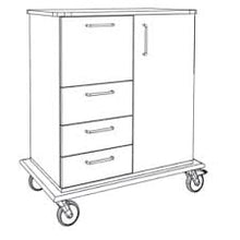 Line drawing of the Novocal care and work trolley: on the left three drawers, on the right a single-door cabinet, robust full plastic plate and four swivel casters. Brand: Novocal. Package (1 piece).