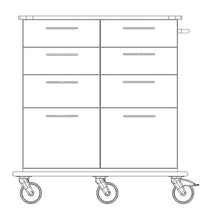Black and white line drawing of the Novocal care and work cart tell, with six drawers, four wheels, side handles, rectangular handles, and a continuous full plastic plate on the top. Brand: Novocal.
