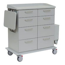 The Novocal care and work trolley is equipped with durable full plastic, eight drawers, a fold-out side shelf, a side compartment, and four castors (two with red brakes) - ideal for the efficient storage of medical materials.