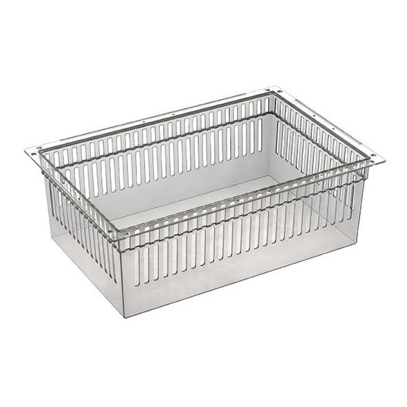 The Novocal PC module, transparent and divisible (600 x 400 x 200 mm), is an empty, clear plastic storage container with vertical slots and a flat edge, ideal for storing PC components. Pictured on a white background. Includes pull-out stops. Packaging: 1 piece.