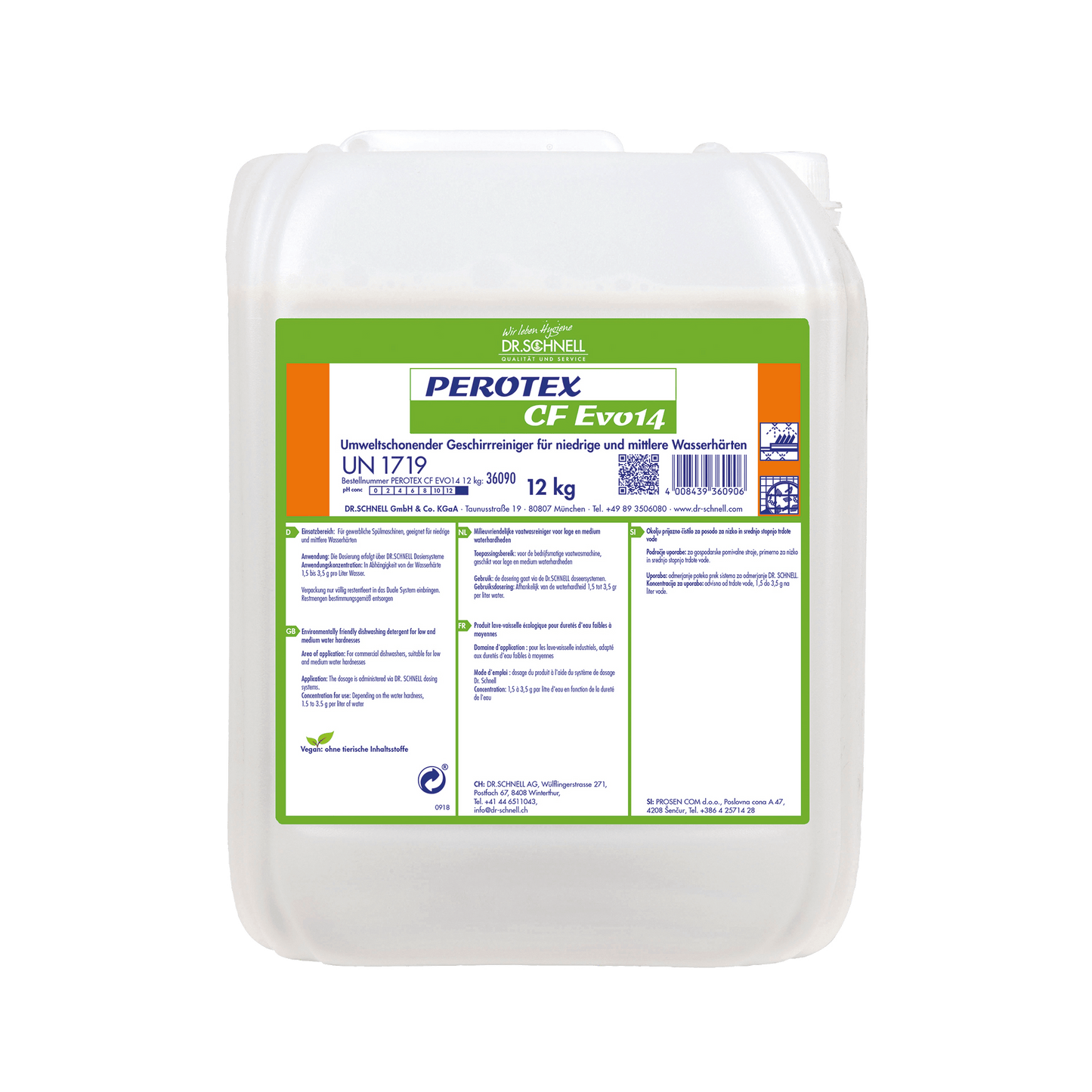 A white 12-kg plastic container with a green-orange label reading "Dr. Schnell Perotex CF EVO 14 Dish Cleaner" from DR.SCHNELL GmbH & Co. KGaA contains product information, instructions, and safety symbols in German for commercial dishwashers.