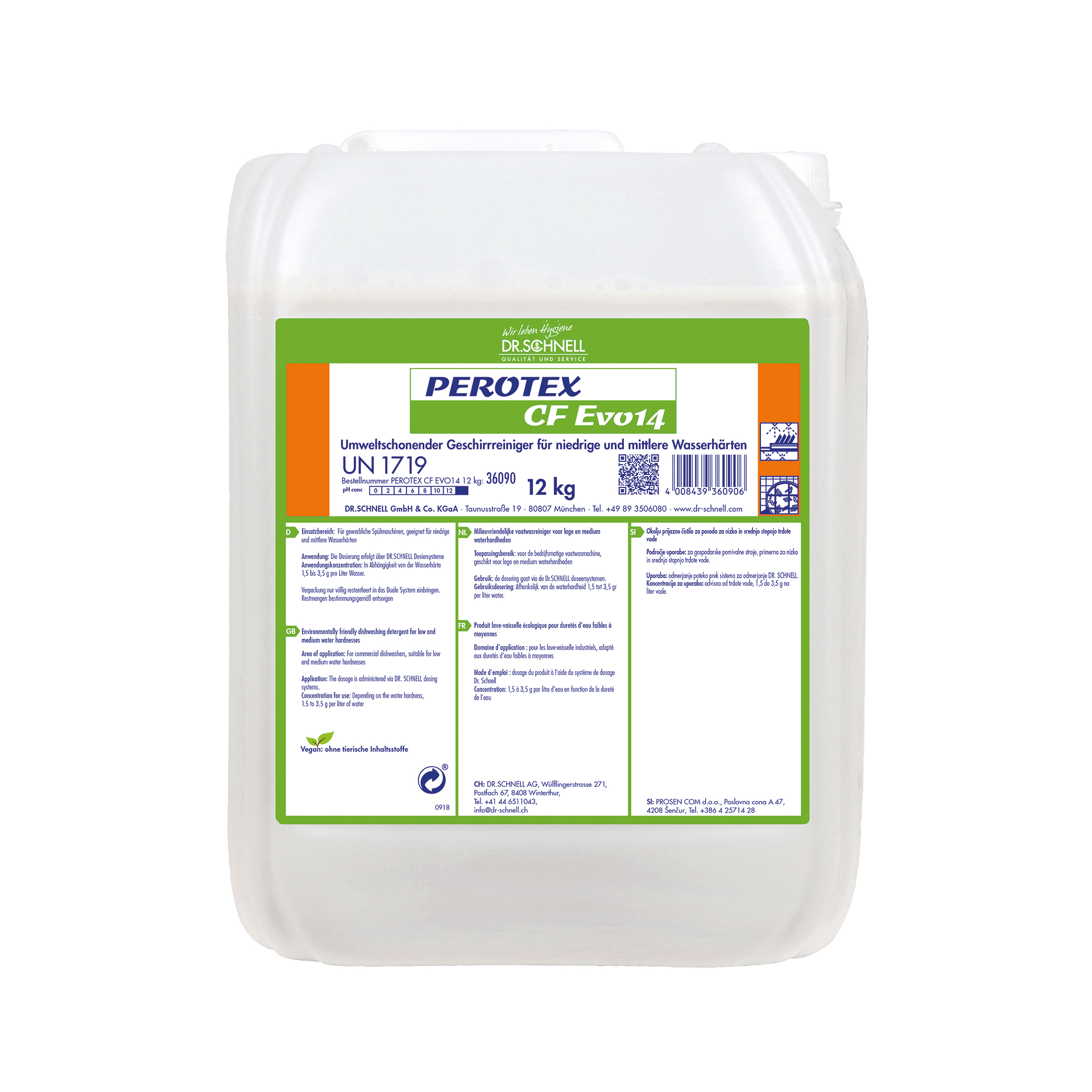 A white 12-kg plastic container with a green-orange label reading "Dr. Schnell Perotex CF EVO 14 Dish Cleaner" from DR.SCHNELL GmbH & Co. KGaA contains product information, instructions, and safety symbols in German for commercial dishwashers.