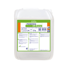 A white 12-kg plastic container with a green-orange label reading "Dr. Schnell Perotex CF EVO 14 Dish Cleaner" from DR.SCHNELL GmbH & Co. KGaA contains product information, instructions, and safety symbols in German for commercial dishwashers.