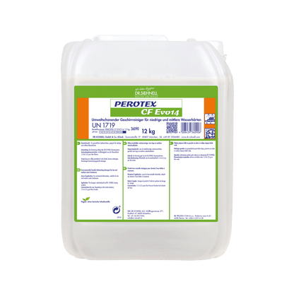 A white 12-kg plastic container with a green-orange label reading "Dr. Schnell Perotex CF EVO 14 Dish Cleaner" from DR.SCHNELL GmbH & Co. KGaA contains product information, instructions, and safety symbols in German for commercial dishwashers.
