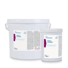 Pictured are two white containers of Dr. Schumacher DESCO CLEANER from Dr. Schumacher GmbH: a 5 kg bucket and a 1 kg cup, both with white lids and blue-purple labels with the inscription "Cleaner for all surfaces" for a streak-free result.