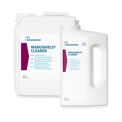 Two white plastic containers of Dr. Schumacher MANUSHIELD® CLEANER (5L and 2L) from Dr. Schumacher GmbH, both with blue and purple labels and white closures - perfect for hygienic cleanliness and effective germ control.