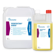 Two containers of Dr. Schumacher GmbH PERFEKTAN® ENDO - a 5L white and a 1L yellow - both with white label and blue lettering, depicted on a light background. Ideal disinfectant for the reprocessing of endoscopes (endoscope reprocessing).