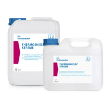 Two white plastic containers from Dr. Schumacher THERMOSHIELD® XTREME by Dr. Schumacher GmbH, a 10L and a 5L container, are pictured side by side, with blue caps and labels containing the product name and surface protection information.