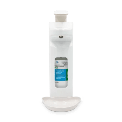 The Dr. Schumacher wall dispenser SPE 500 (500 ml) from Dr. Schumacher GmbH is a white, automatic wall dispenser with a visible bottle and a drip tray at the bottom.