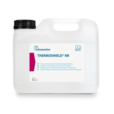 A white 5-liter plastic canister with a black cap from Dr. Schumacher GmbH, labeled "THERMOSHIELD NR", for cleaning, disinfection, and protection of endoscope surfaces. The label is mainly white with blue and pink accents.