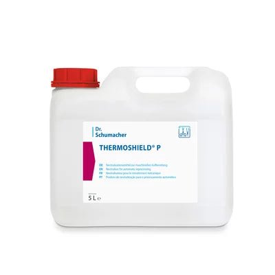 A 5-liter canister made of white plastic with a red screw cap and handle, labeled "Dr. Schumacher THERMOSHIELD P | Canister (5 l)", a water-based impregnation for textiles and leather from Dr. Schumacher GmbH, with a multilingual label instruction.