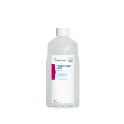 A transparent 1-liter plastic bottle from Dr. Schumacher GmbH with a white cap and the label "Dr. Schumacher THERMOSHIELD SHINE | Bottle (1 l)" stands upright against a white background.