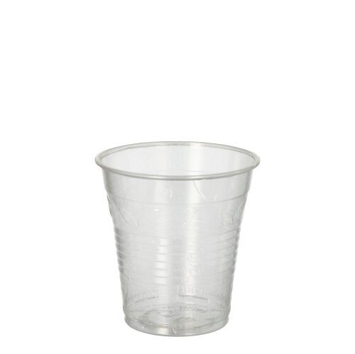 This PAPSTAR "pure" cold drink cups made of clear PLA plastic with a ribbed design offer an eco-friendly alternative. The 0.15-liter cup is shown empty against a white background.