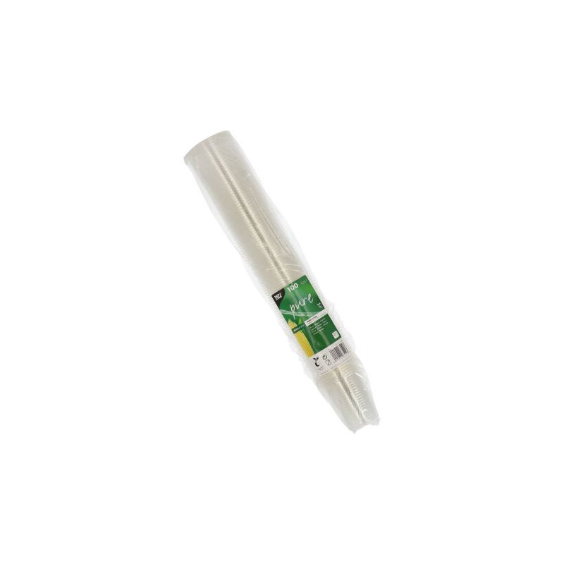 A roll of transparent plastic film labeled “PAPSTAR "pure" PLA crystal-clear cold drink cups from PAPSTAR The GmbH, conspicuously marked with a green-and-white label, stands upright against a plain white background. This product is marketed as an eco-friendly alternative and aligns with the values of sustainable living.
