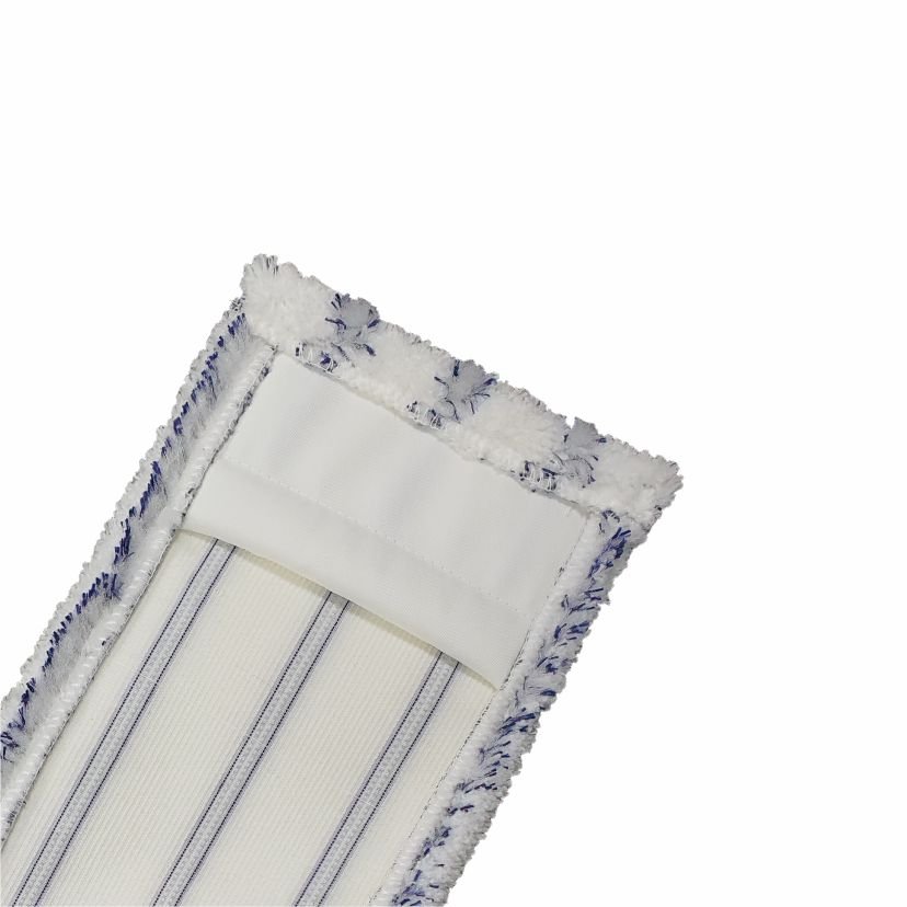 Close-up of the Arcora EXCELLENT SOFT MOPP BLUE-WHITE from Arcora International GmbH: a rectangular white pad with blue stitching and a textured edge, designed with soft fibers for effective, gentle floor care.