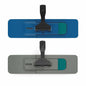 Pictured are two rectangular mop heads, one blue and one gray, each with a black swivel handle attachment and a green part on the right side. The logo of Arcora International GmbH highlights this Arcora Profi Mop Holder Standard Gray.