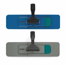 The Arcora Profi Mop Folding Holder Magnet Blue from Arcora International GmbH is shown next to the gray version, each with a black handle, green edge accents, and "ARCORA" branding - ideal for efficient floor cleaning.