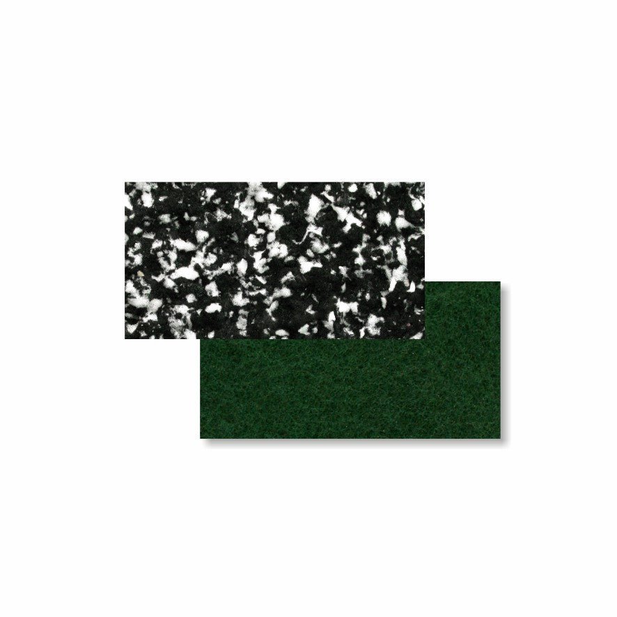 Two rectangular Arcora Pu hand pads from Arcora International GmbH (box of 10) for building cleaning overlap on a white background: the top pad is black with white speckles, the bottom is solid dark green.