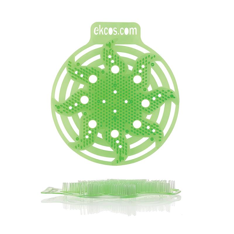 A green, round Ekcos Power Screen urinal mat - 30+ days from Diversey Deutschland GmbH & Co. OHG with multiple holes and leaf-like extensions is depicted upright; at the top, "ekcos.com" is printed, highlighting the long-lasting odor control for up to 30 days.