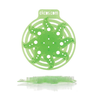 A green, round Ekcos Power Screen urinal mat - 30+ days from Diversey Deutschland GmbH & Co. OHG with multiple holes and leaf-like extensions is depicted upright; at the top, "ekcos.com" is printed, highlighting the long-lasting odor control for up to 30 days.
