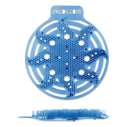 The Ekcos Power Screen urinal mat - 30+ days from Diversey Deutschland GmbH & Co. OHG is a blue, round mat with holes and raised bristles for long-lasting odor control, featuring a sun-like design and the text "ekcos.com".
