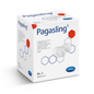 A 3D rendering of a white brand box of Paul Hartmann AG with product information and images of Hartmann Pagasling® gauze swabs, size 3 – sterile and non-sterile medical gauze, with blue hexagonal designs and text.