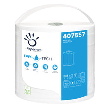 A roll Papernet of industrial paper roll 407557 from Sofidel Germany GmbH is characterized by the "Dry Tech Technology" on the packaging. It is equipped with recycling symbols and contains 400 sheets, ensuring efficiency and sustainability. The white roll measures 380 cm x 51.0 cm x 25.0 cm, making it an ideal choice for industrial use.