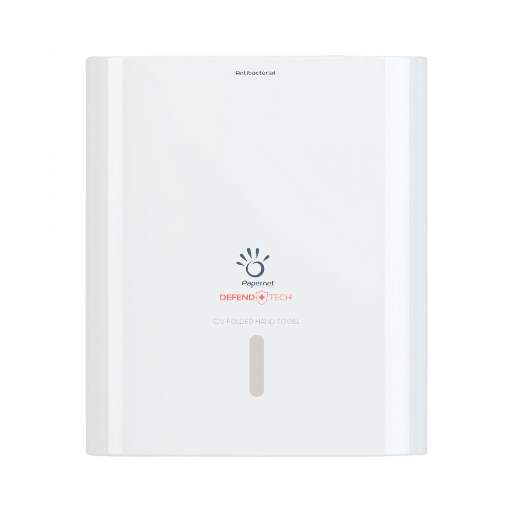 A white, wall-mounted Papernet antibacterial dispenser for C/V-fold folded hand towels with the logo of Sofidel Germany GmbH Defend Tech Technology with the prints "antibacterial dispenser" and "CV Folded Hand Towel". A narrow vertical slot is visible on the front.