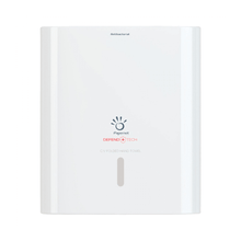 A white, wall-mounted Papernet antibacterial dispenser for C/V-fold folded hand towels with the logo of Sofidel Germany GmbH Defend Tech Technology with the prints "antibacterial dispenser" and "CV Folded Hand Towel". A narrow vertical slot is visible on the front.