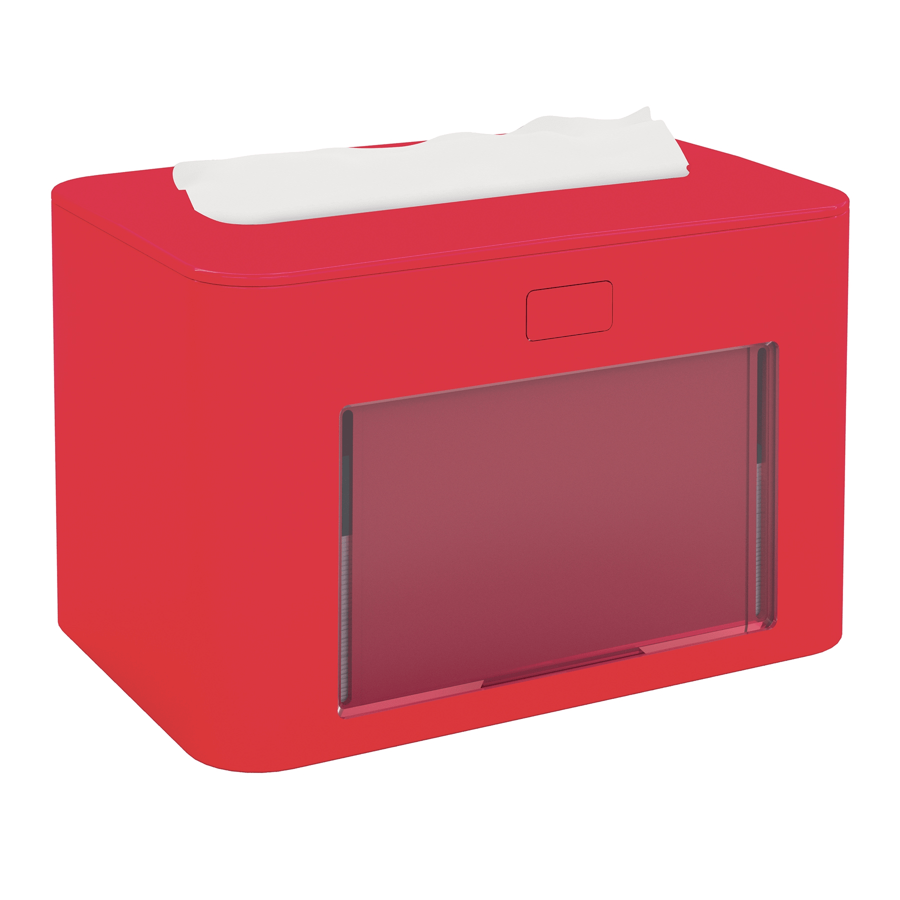 The Papernet antibacterial dispenser for V-fold napkins Superior with Ready Table technology from Sofidel Germany GmbH is a red, rectangular tissue dispenser with a transparent front panel. It features an elegant, modern design that fits perfectly in any environment. A white tissue is partially pulled out from the top, showcasing its practical and antibacterial effect.