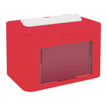 The Papernet antibacterial dispenser for V-fold napkins Superior with Ready Table technology from Sofidel Germany GmbH is a red, rectangular tissue dispenser with a transparent front panel. It features an elegant, modern design that fits perfectly in any environment. A white tissue is partially pulled out from the top, showcasing its practical and antibacterial effect.