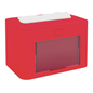 The Papernet antibacterial dispenser for V-fold napkins Superior with Ready Table technology from Sofidel Germany GmbH is a red, rectangular tissue dispenser with a transparent front panel. It features an elegant, modern design that fits perfectly in any environment. A white tissue is partially pulled out from the top, showcasing its practical and antibacterial effect.