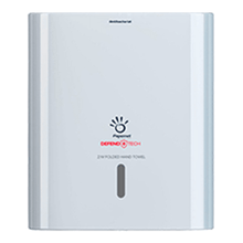 A shiny, white paper towel dispenser with the brand Sofidel Germany GmbH and the red "DEFEND TECH Z-Folded Hand Towel" next to a handprint logo. The design of the DEFEND TECH technology features a vertical, translucent slot for easy monitoring of the towel level and is therefore perfect for Papernet folded towels. Product name: Papernet Antibacterial dispenser for Z/W-fold folded towels with Defend Tech technology | Carton (1 pack).