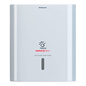 A shiny, white paper towel dispenser with the brand Sofidel Germany GmbH and the red "DEFEND TECH Z-Folded Hand Towel" next to a handprint logo. The design of the DEFEND TECH technology features a vertical, translucent slot for easy monitoring of the towel level and is therefore perfect for Papernet folded towels. Product name: Papernet Antibacterial dispenser for Z/W-fold folded towels with Defend Tech technology | Carton (1 pack).