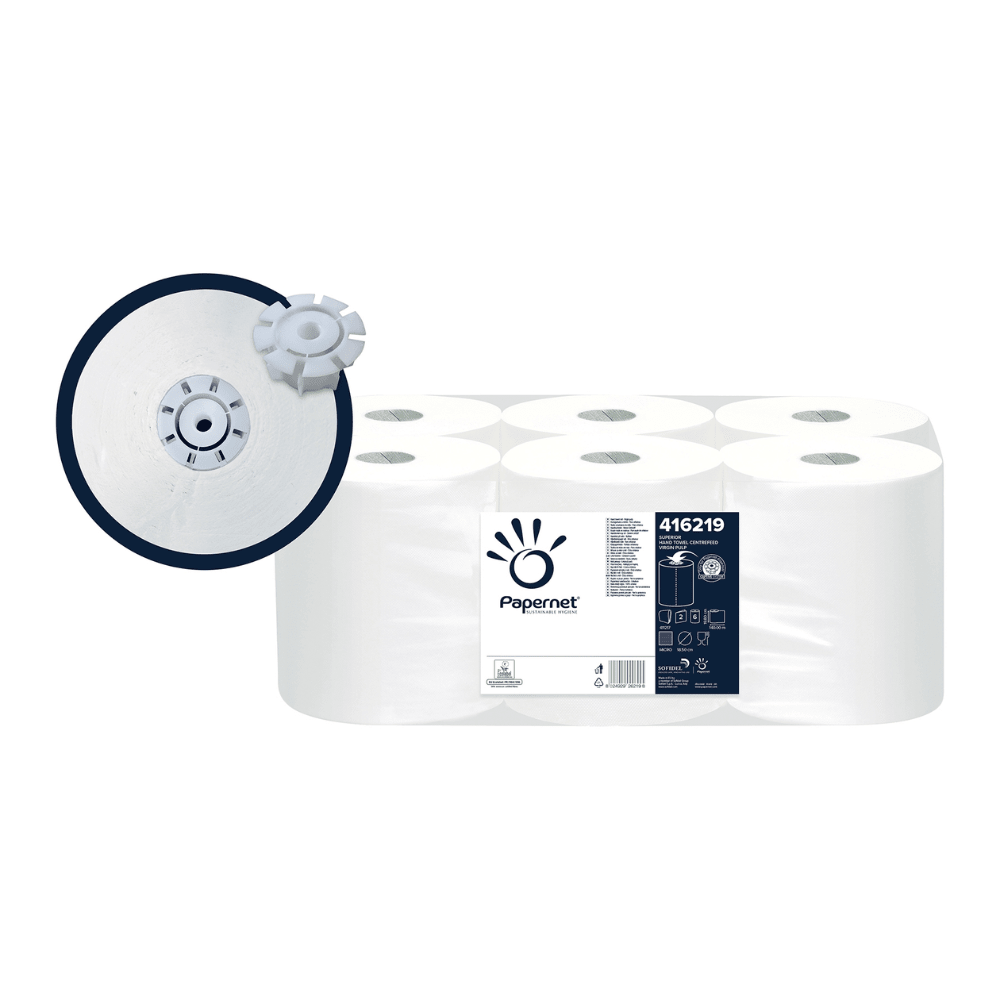 A carton containing six Papernet Autocut roll towels captive rolls from Sofidel Germany GmbH, wrapped in transparent plastic. The label displays the brand logo, the product number 416219, and emphasizes the 2-ply quality. A detailed inset provides a close-up of the roll core with a locking mechanism.
