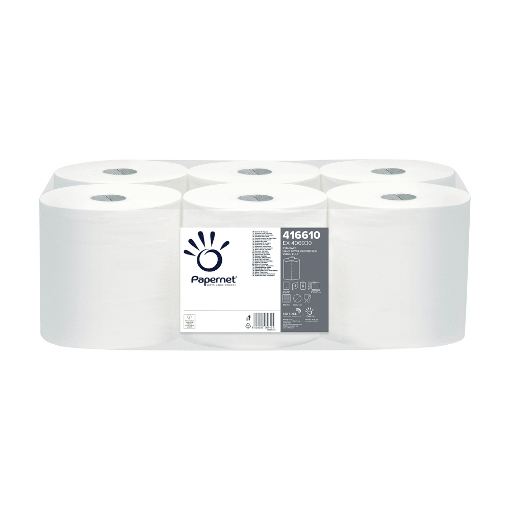 A pack of six highly absorbent Papernet centrefeed towel rolls, wrapped in transparent plastic. The label features the brand "Sofidel Germany GmbH" and the product code 416610, ideal for hygienic hand drying.