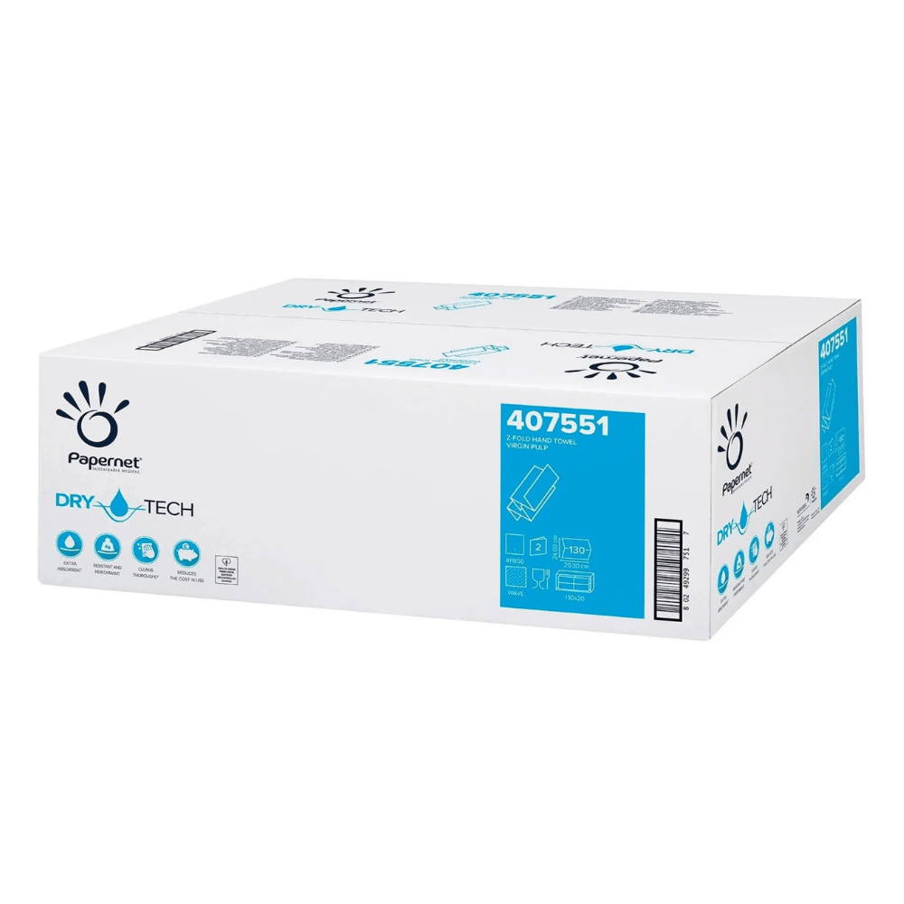 A box of tissues from the brand Sofidel Germany GmbH in Z-fold design with the inscription "Falthandtücher 407551 with Dry Tech". The white box with blue-black text is sealed and displays symbols for industrial applications and handling instructions.