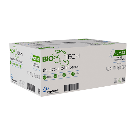 A white cardboard box with Papernet folding towels with Bio Tech Technology 407572 from Sofidel Germany GmbH shows green-black text, brand logos, and a barcode. On the front, 'The active toilet paper' is prominently displayed as a revolution in the field of hygiene solutions.