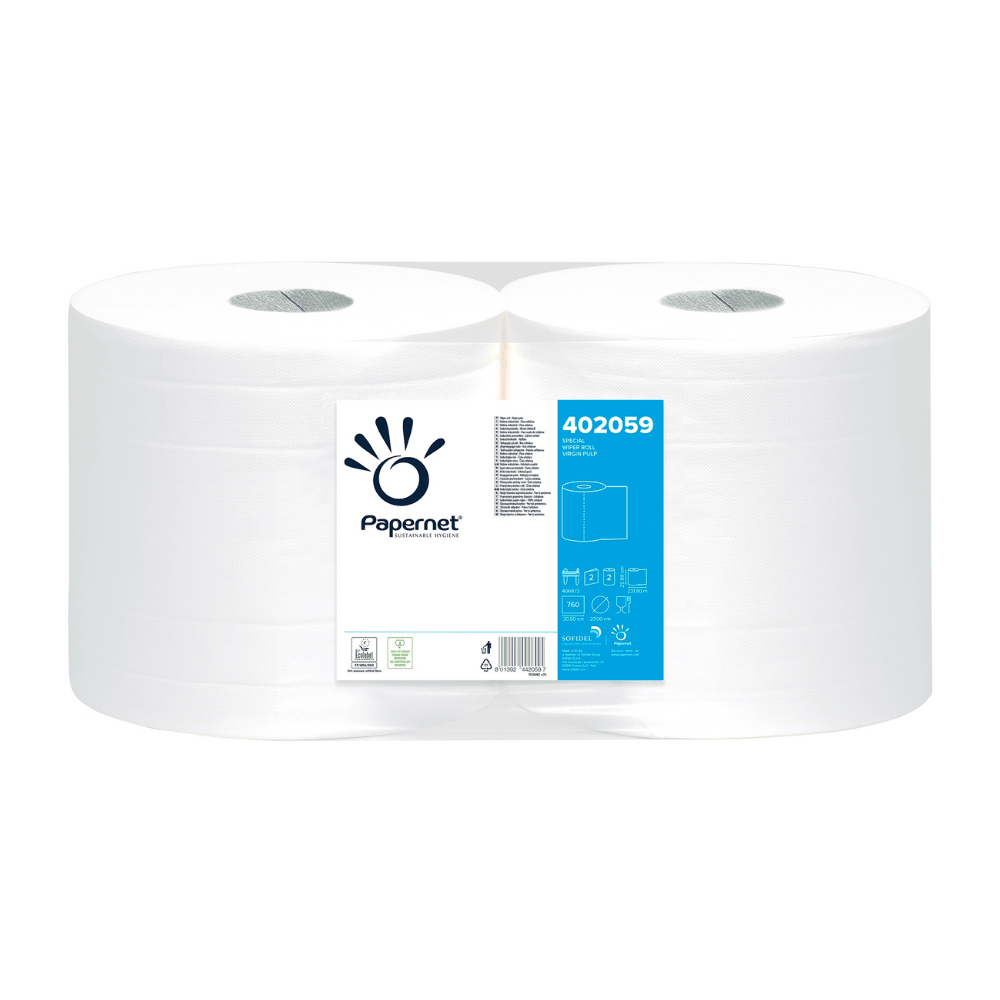 Two large rolls Papernet of industrial paper 402059 from Sofidel Germany GmbH are stacked side by side. Each roll is labeled with a white tag displaying the brand logo, product number 402059, and various product details in blue and black text, ideal for daily cleaning tasks.