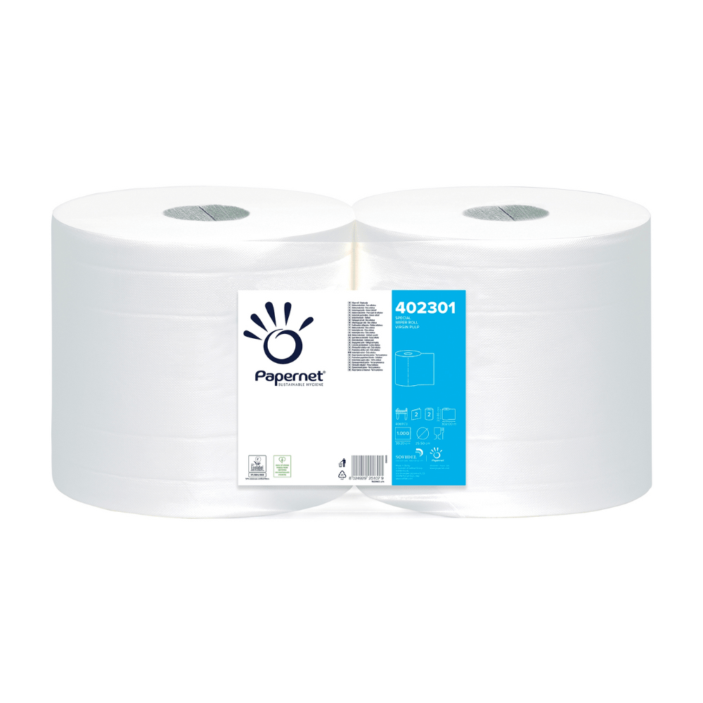 Two large rolls Papernet of industrial paper, product number 402301, are packed together. A label bears the brand "Sofidel Germany GmbH" and contains symbols indicating recycling information. These absorbent, two-ply paper towels are ideal for all cleaning tasks.