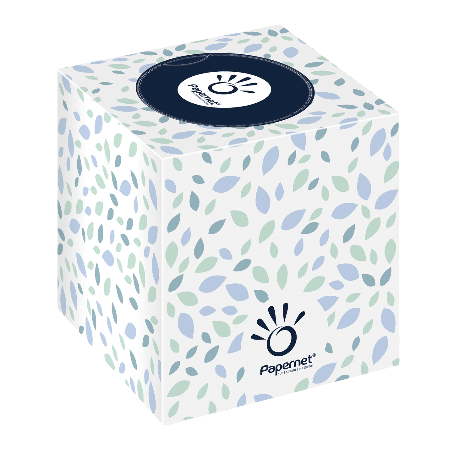 A Papernet CUBE from Sofidel Germany GmbH is a white cube with blue and green leaf patterns and logo, which is ideal for sensitive skin thanks to its soft 2-ply tissue composition. The box contains 16 cubes, each with 88 tissues of the highest quality.