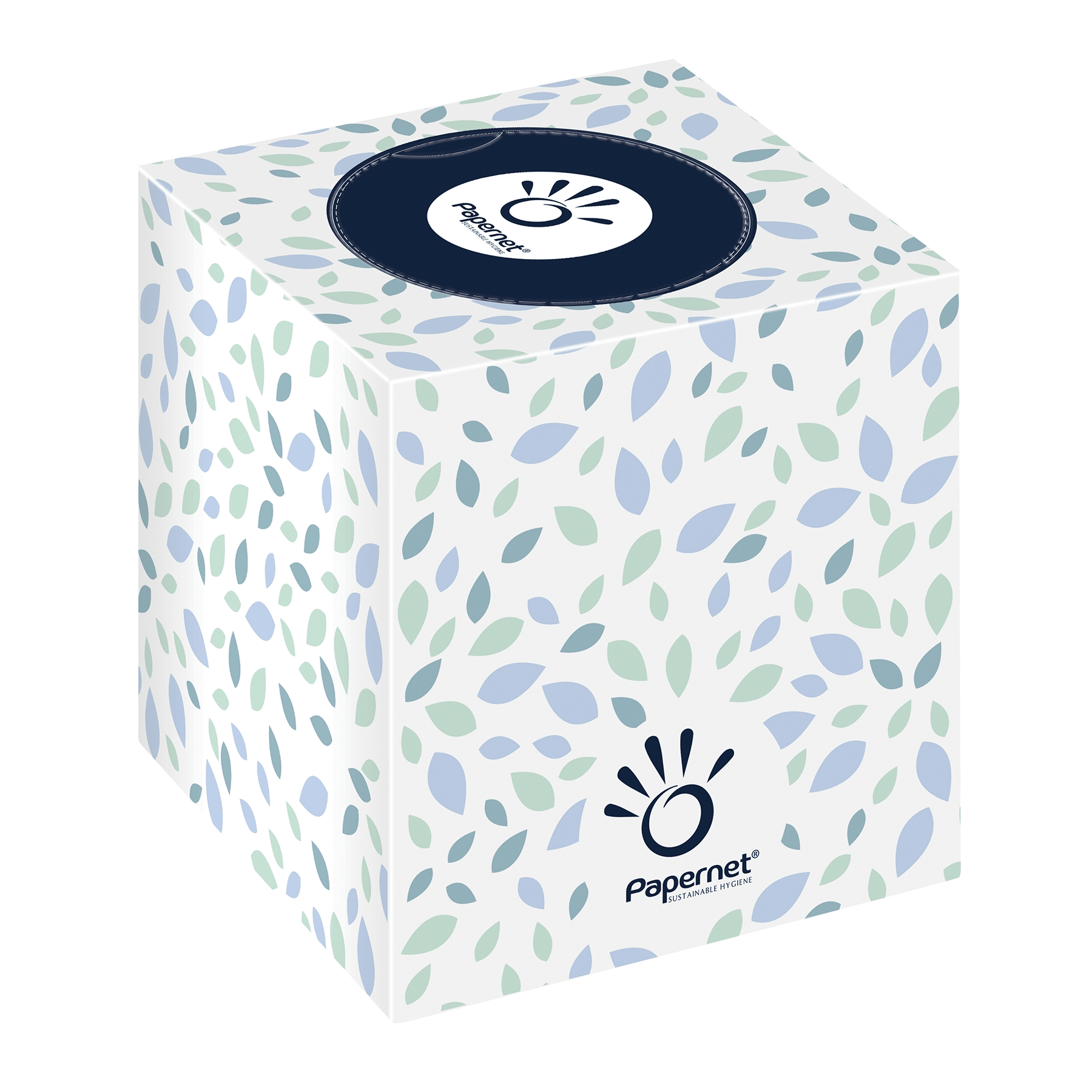 A Papernet CUBE from Sofidel Germany GmbH is a white cube with blue and green leaf patterns and logo, which is ideal for sensitive skin thanks to its soft 2-ply tissue composition. The box contains 16 cubes, each with 88 tissues of the highest quality.