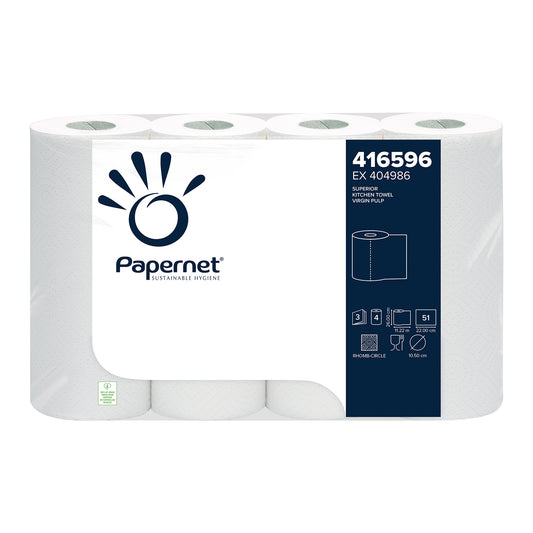 A package Papernet of kitchen rolls from Sofidel Germany GmbH presents its "Sustainable Hygiene" design. The package contains six rolls of 3-ply kitchen rolls, each suitable for hand drying and made from high-quality cellulose. It is marked with the product code "416596 EX 404986" and features a symbol indicating 51 meters per roll.