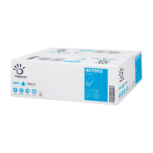 The Papernet paper towels 407552 from Sofidel Germany GmbH with 'Dry Tech' and eco symbols emphasize the sustainability of hand drying solutions. The white box certified with the EU Ecolabel with blue and black symbols contains 2000 2-ply W-fold sheets in 20 packs.